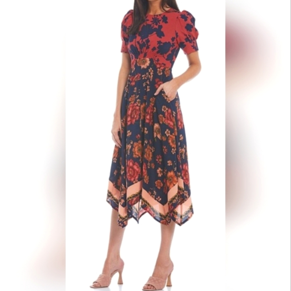 Vince Camuto Handkerchief Hem Floral Midi Dress